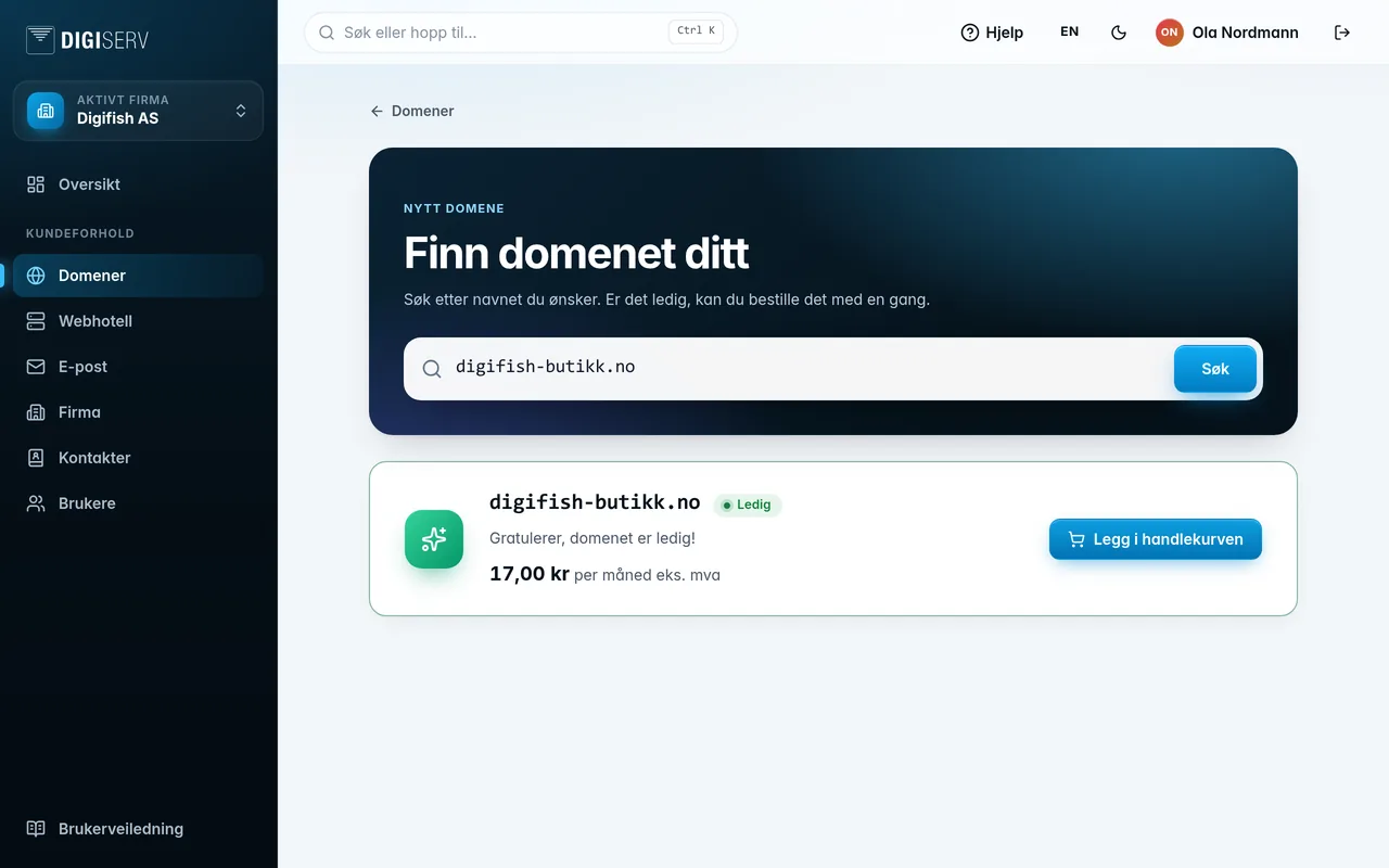 Søk etter et ledig domene med pris og knappen «Legg i handlekurven»