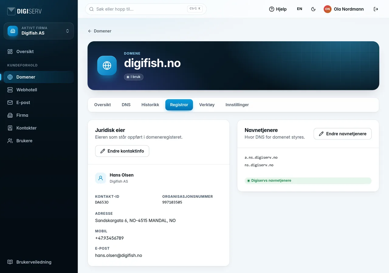 Fanen Registrar med juridisk eier, navnetjenere og sikkerhet
