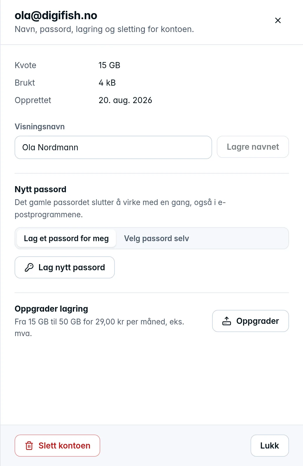 Kontoskuffen med kvote, visningsnavn, nytt passord og oppgradering av lagring