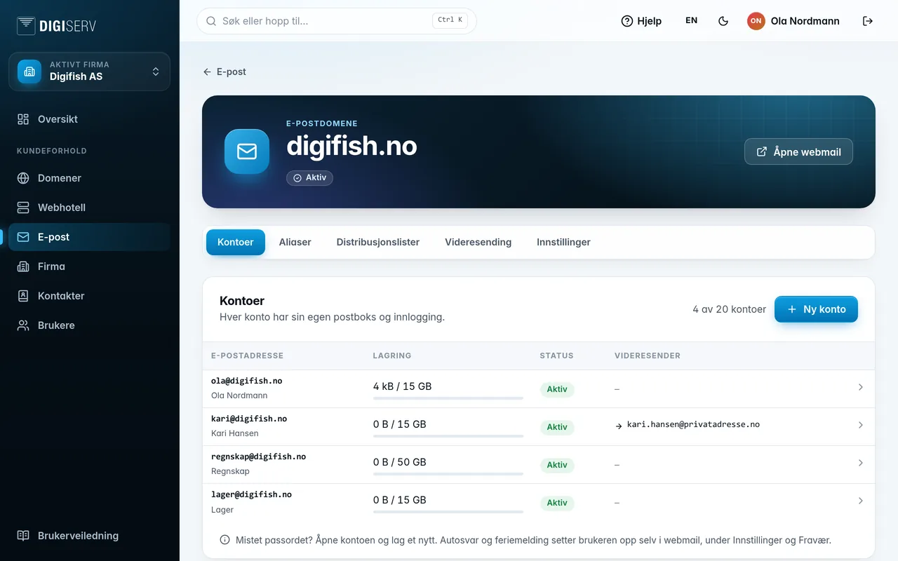 Fanen Kontoer på digifish.no med kontoer, lagring og status