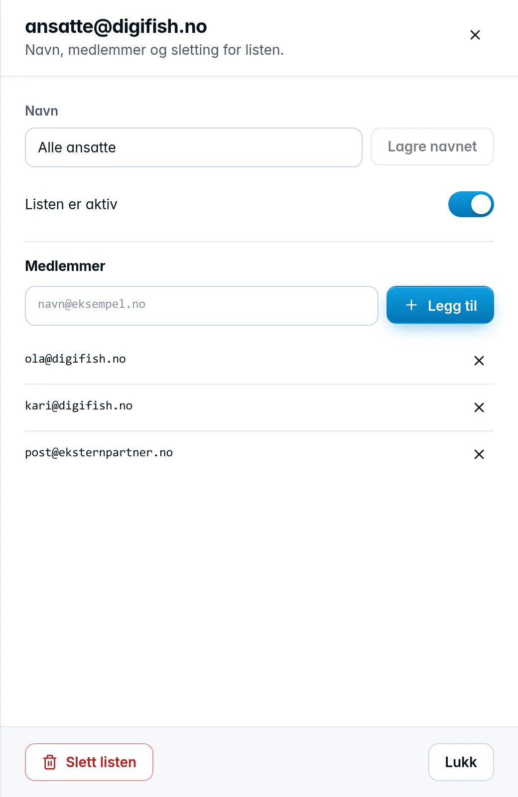 Listeskuffen med navn, bryteren Listen er aktiv og medlemmene
