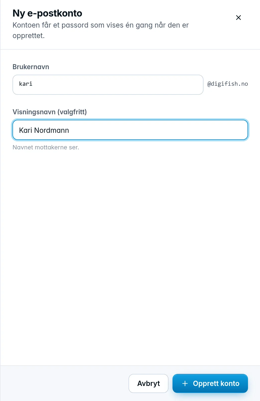 Skuffen Ny e-postkonto med brukernavn og visningsnavn