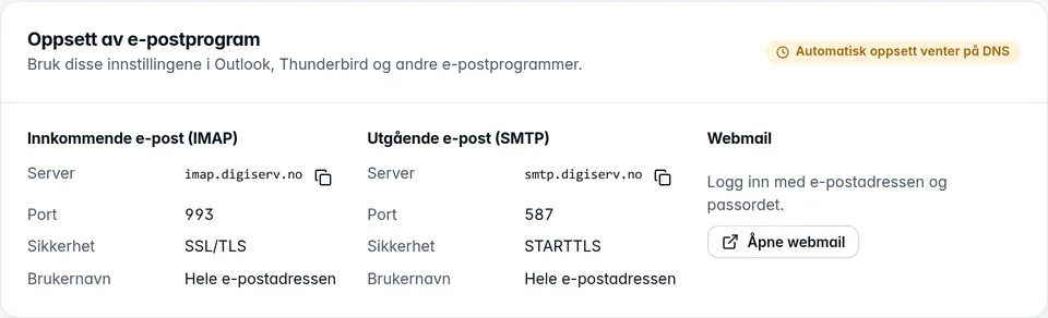 Kortet Oppsett av e-postprogram med servere, porter og webmail