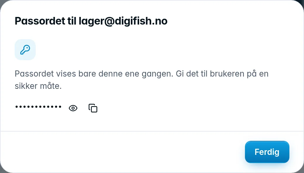 Vinduet som viser passordet til den nye kontoen én gang