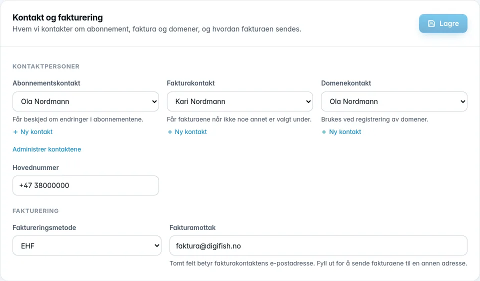 Kortet Kontakt og fakturering med rollene, hovednummer og faktureringsmetode