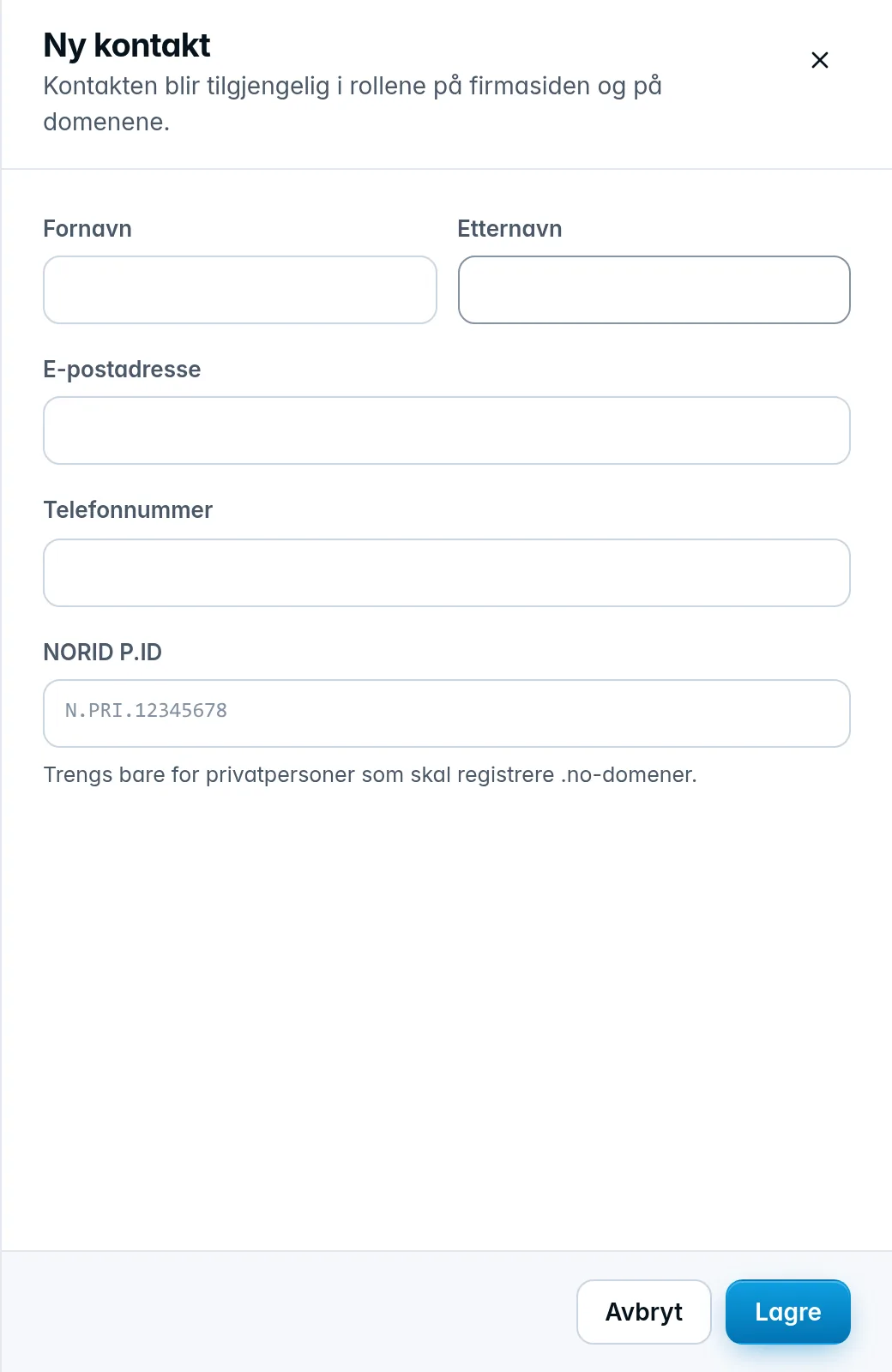 Skuffen Ny kontakt med navn, e-post, telefon og NORID P.ID
