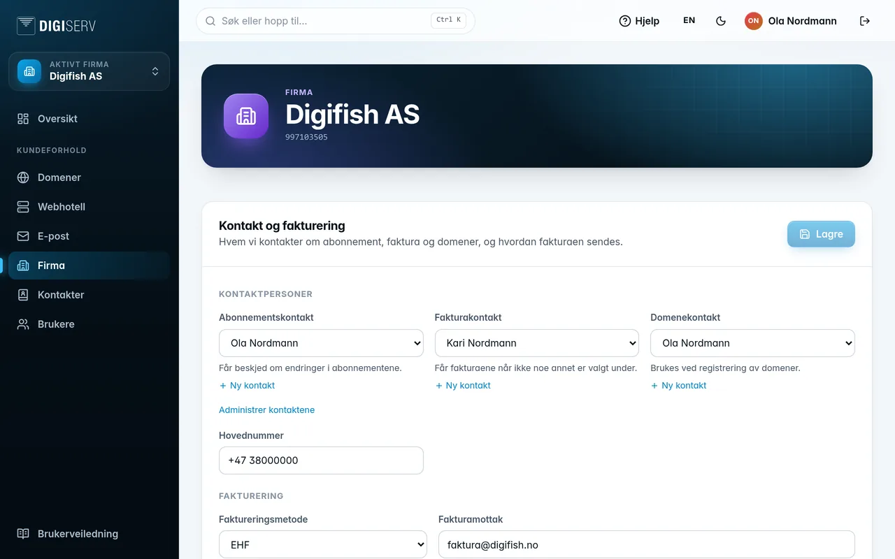 Firmasiden for Digifish AS med kontakt og fakturering og adressene