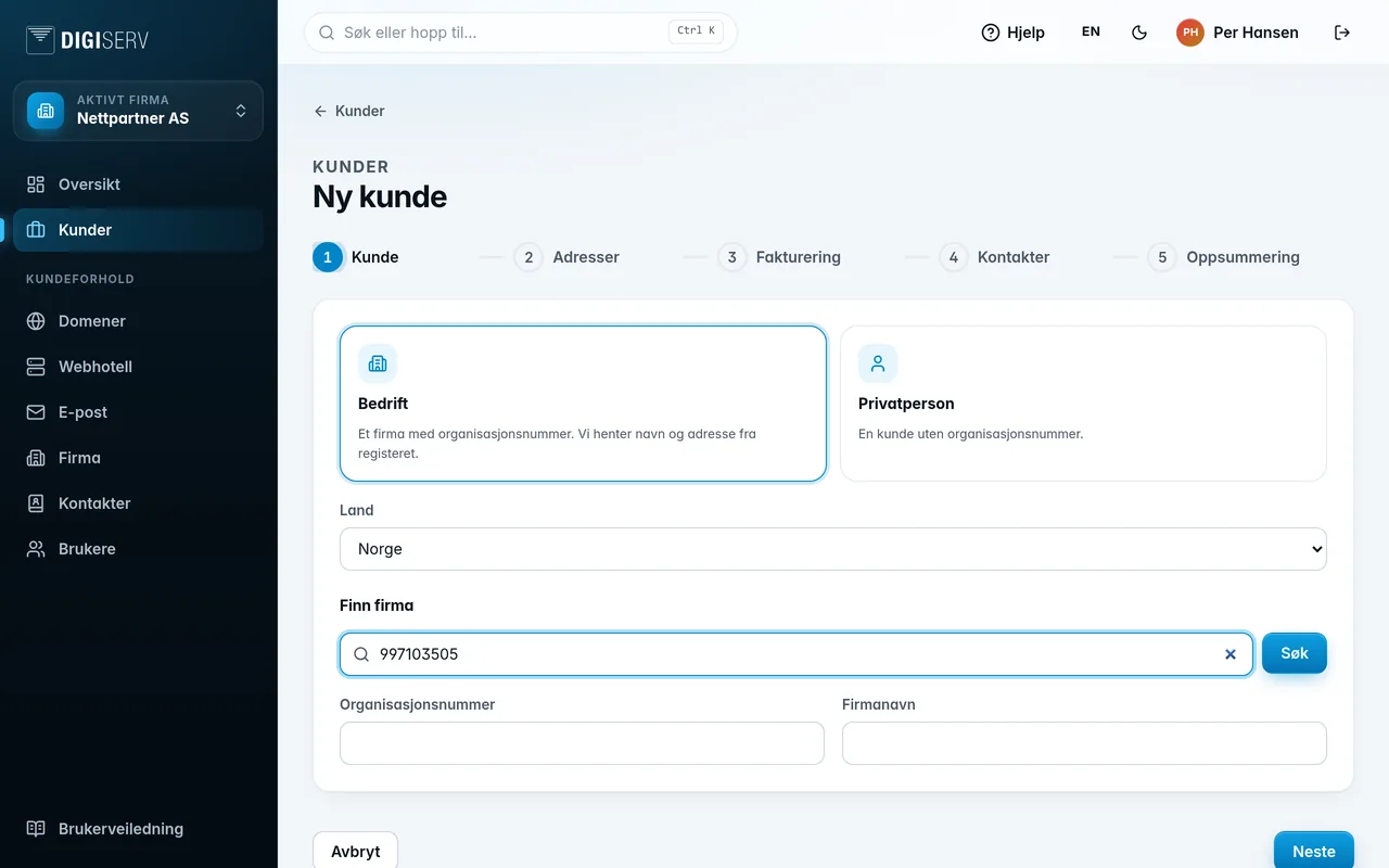Første steg i veiviseren Ny kunde med søk i firmaregisteret