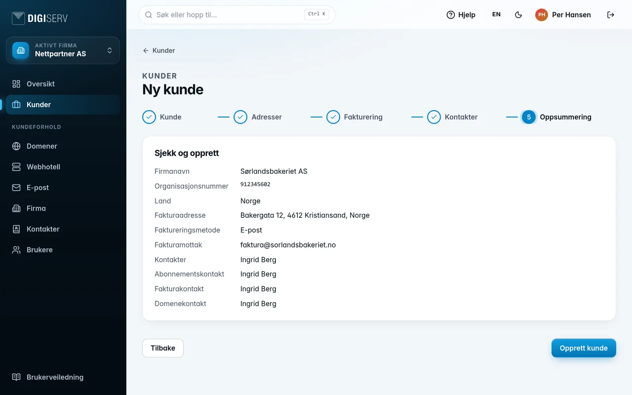 Oppsummeringen i veiviseren før kunden opprettes