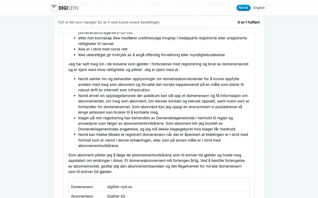 Ordresiden med egenerklæringen for et .no-domene