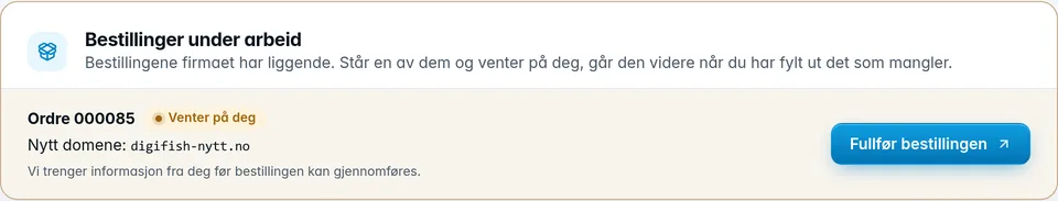 Kortet Bestillinger under arbeid på oversikten