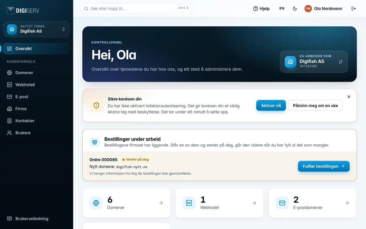 Oversikten med tallene for domener, webhotell, e-post og brukere