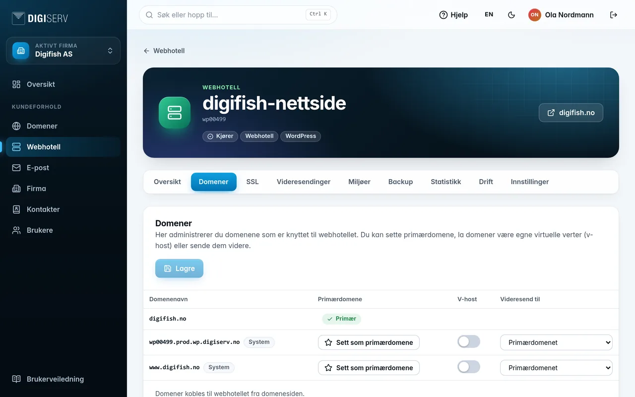Domenefanen med primærdomene, v-host og videresending