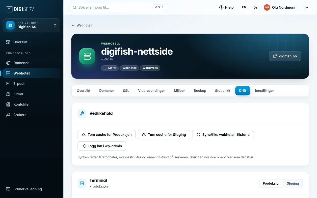 Driftsfanen med lagringsbruk, vedlikehold og terminal