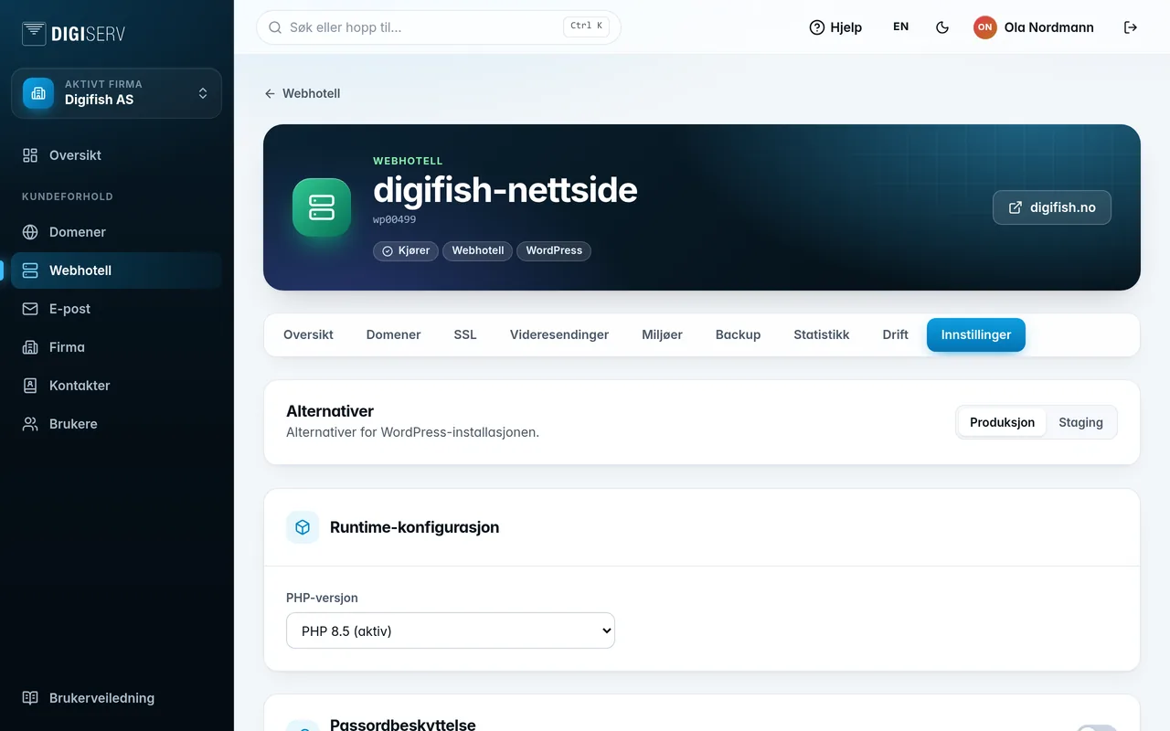 Innstillinger med PHP-versjon og passordbeskyttelse