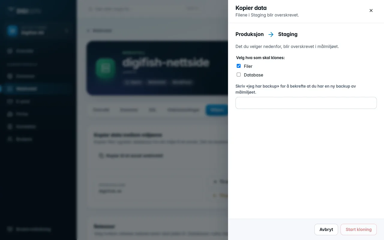 Skuffen for å kopiere data fra produksjon til staging
