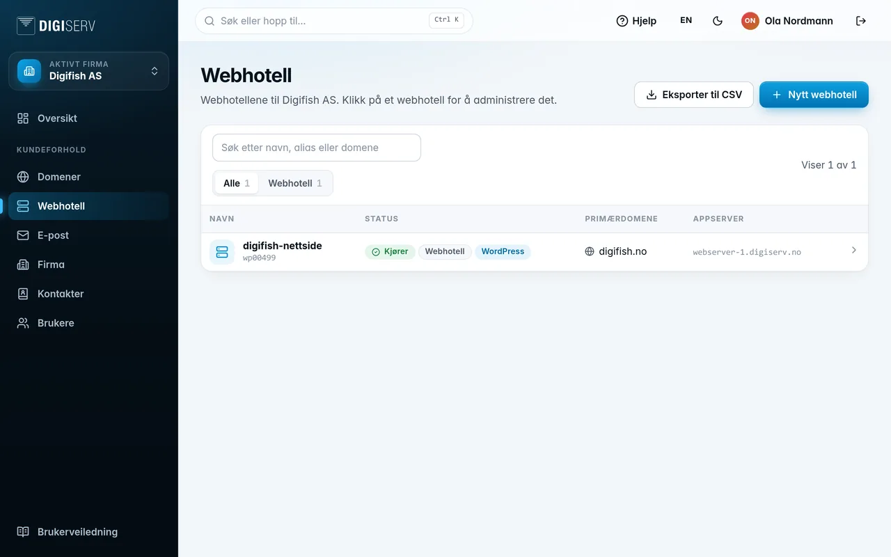 Webhotell-lista med søk og filter