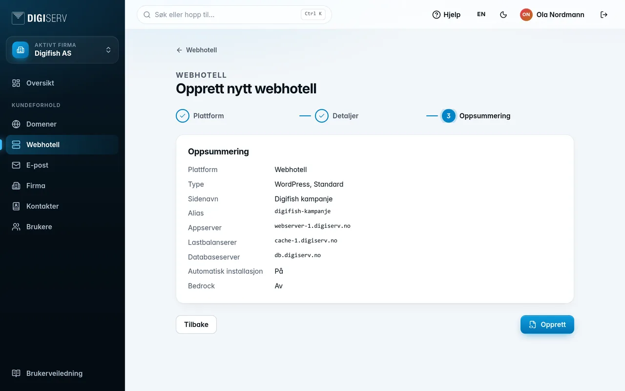 Oppsummeringen før webhotellet opprettes