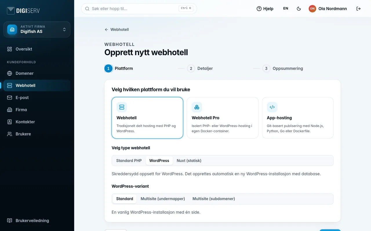 Første steg i veiviseren: velg plattform og type