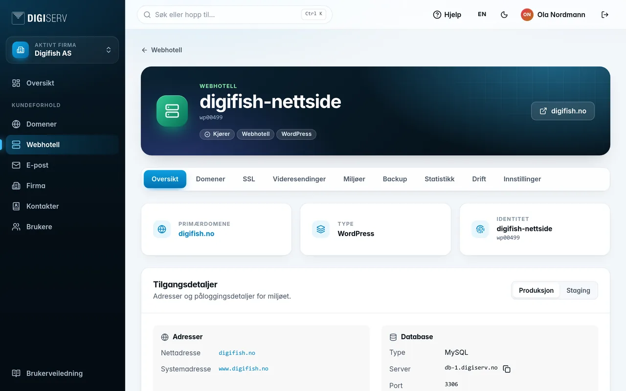 Detaljsiden for webhotellet for digifish.no med fanene øverst