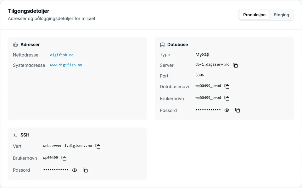 Tilgangsdetaljer med adresser, database og SSH